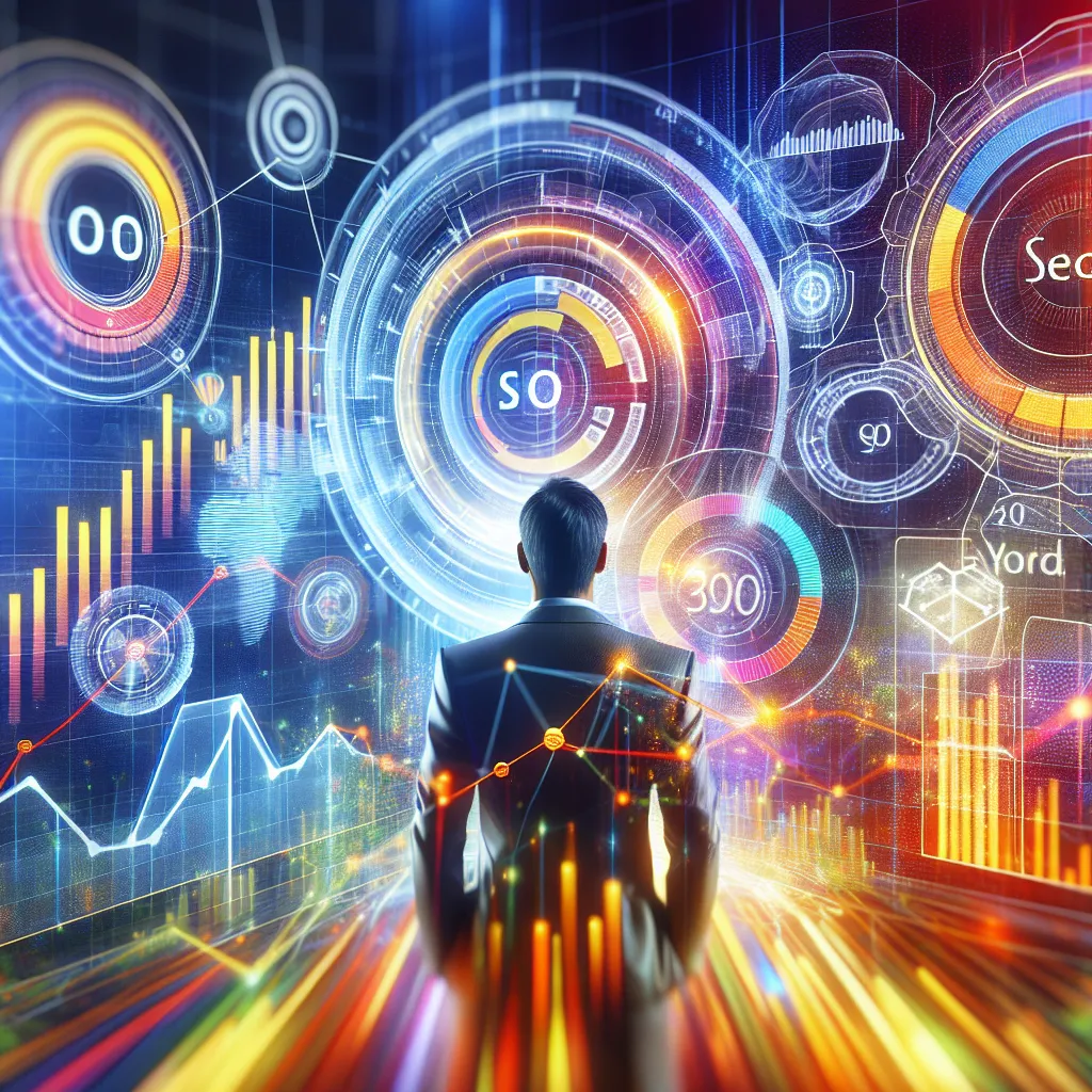 A vibrant digital marketing landscape showing various elements like graphs and charts representing SEO growth and online visibility