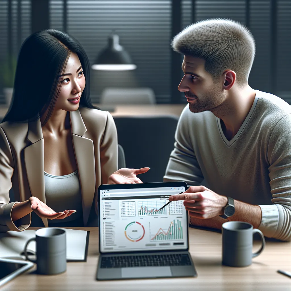 A friendly meeting between an SEO expert and a client discussing website analytics on a laptop