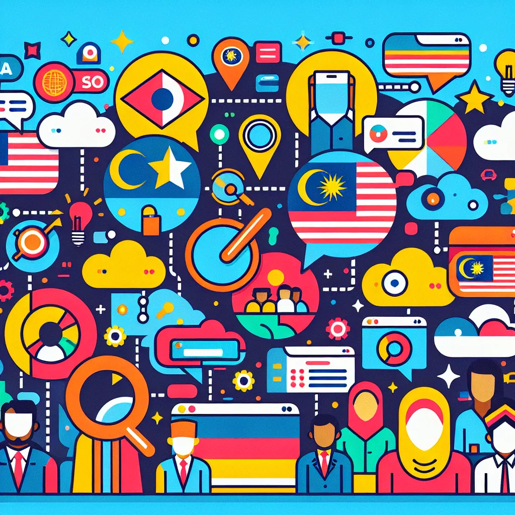 A vibrant illustration showing diverse Malaysian businesses thriving online with SEO strategies