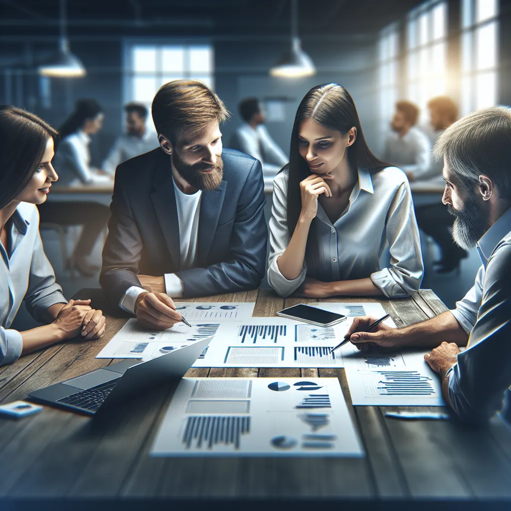 A friendly team meeting between a client and an SEO agency discussing reports with charts and graphs