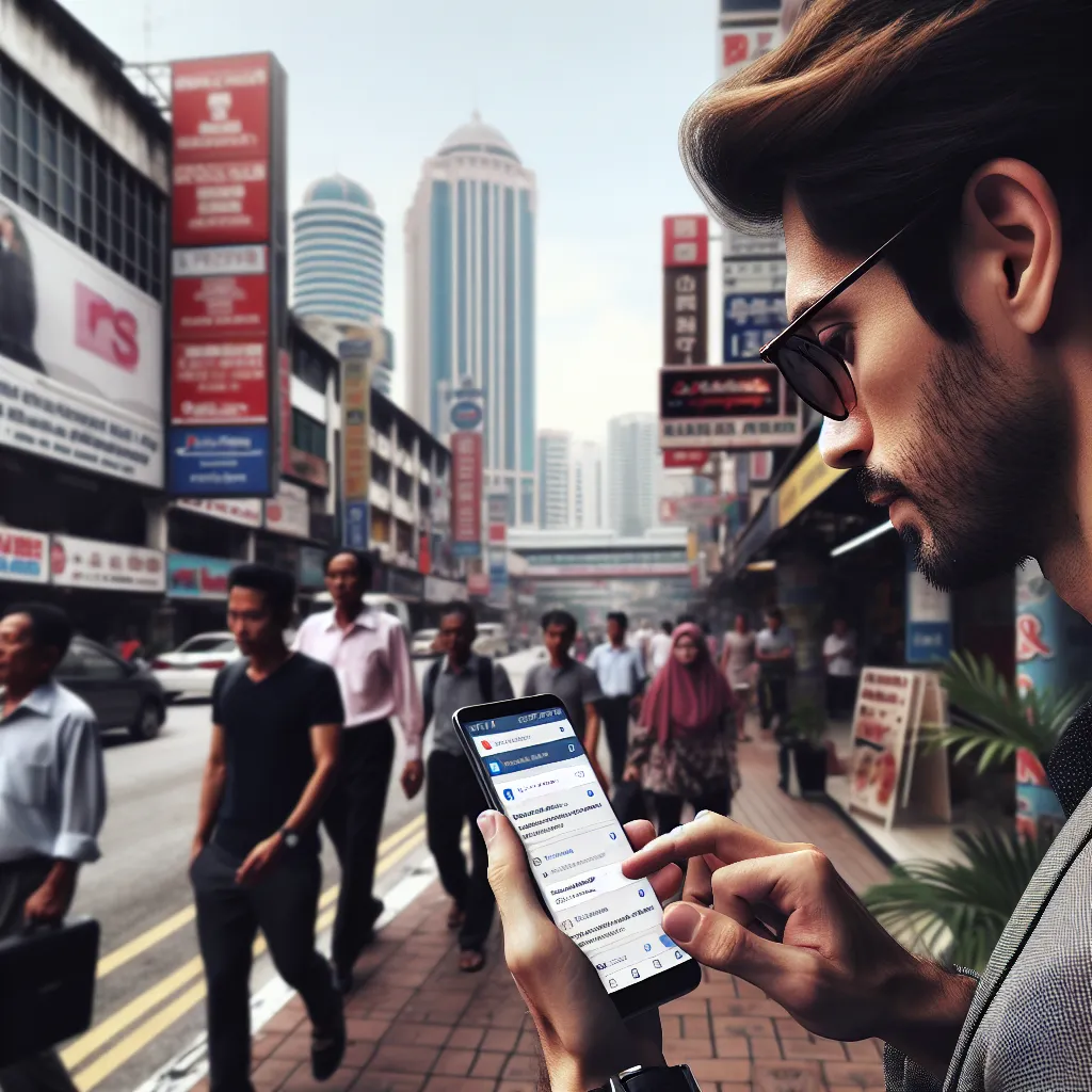 Photorealistic image of a Malaysian urban street scene with a young professional using a smartphone showing Google search results and Google Business Profile on screen, cafe signage and marketplace logos subtly visible, professional mood