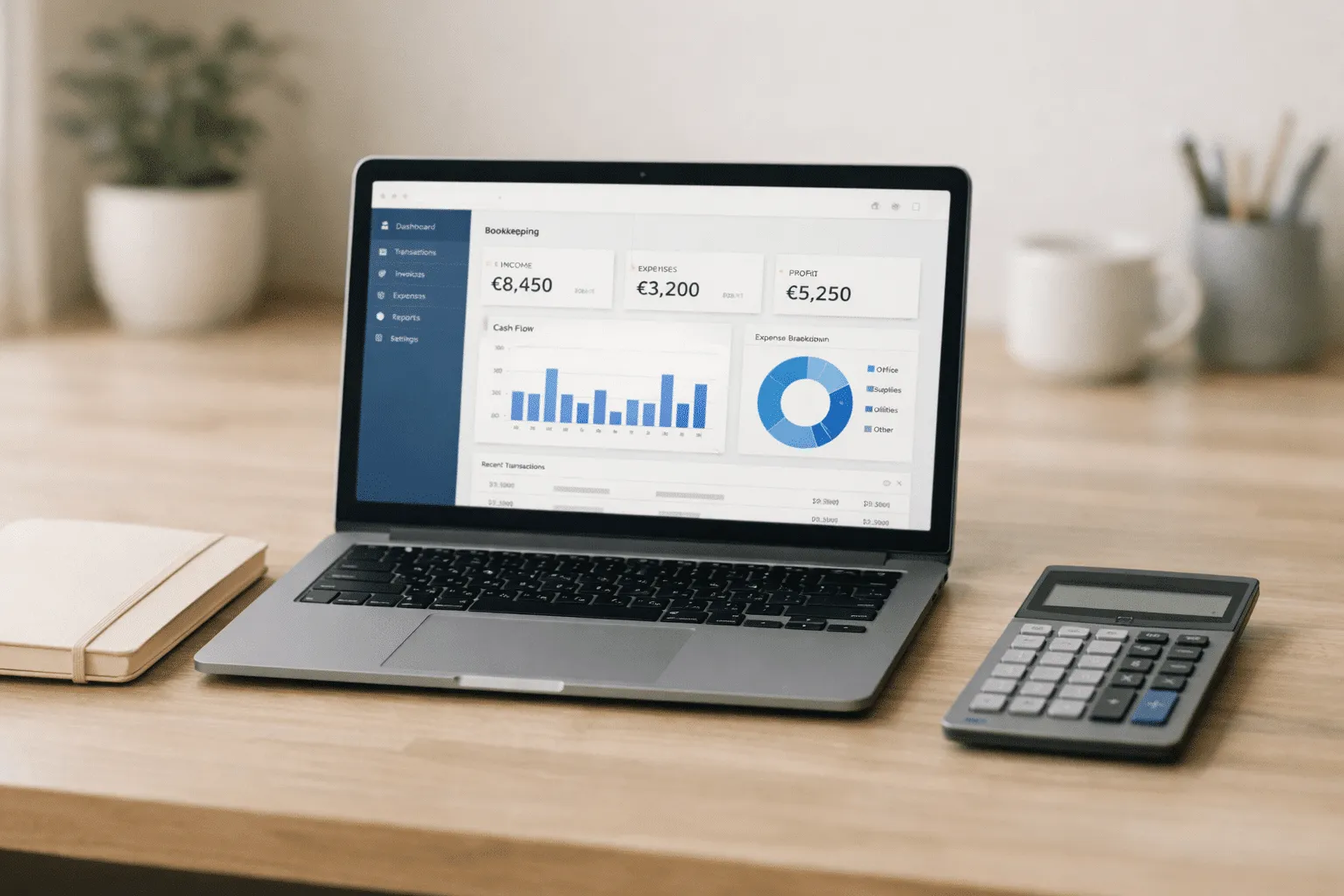 buchhaltung-fuer-selbstaendige-laptop-buchhaltungssoftware Buchhaltung für Selbständige: Laptop mit Buchhaltungssoftware auf aufgeräumtem Schreibtisch einer Unternehmerin