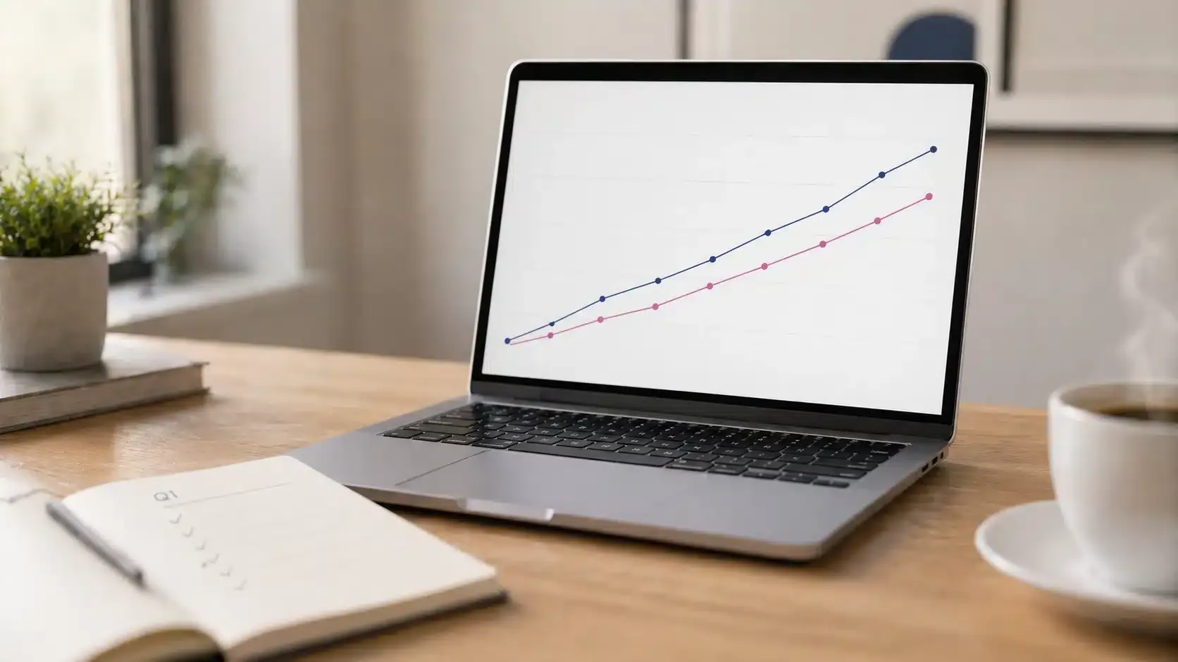 Halbjahres-Check für Selbstständige, Auswertung der Q1 2026 Zahlen am Laptop.