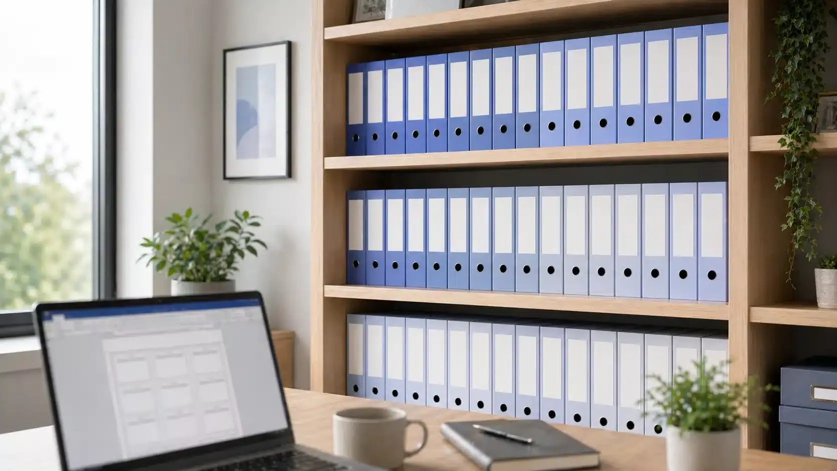 LEITZ 1685 Etiketten in Word erstellen, einheitlich beschriftete Ordnerrücken im Büroregal mit Vorlage am Bildschirm.