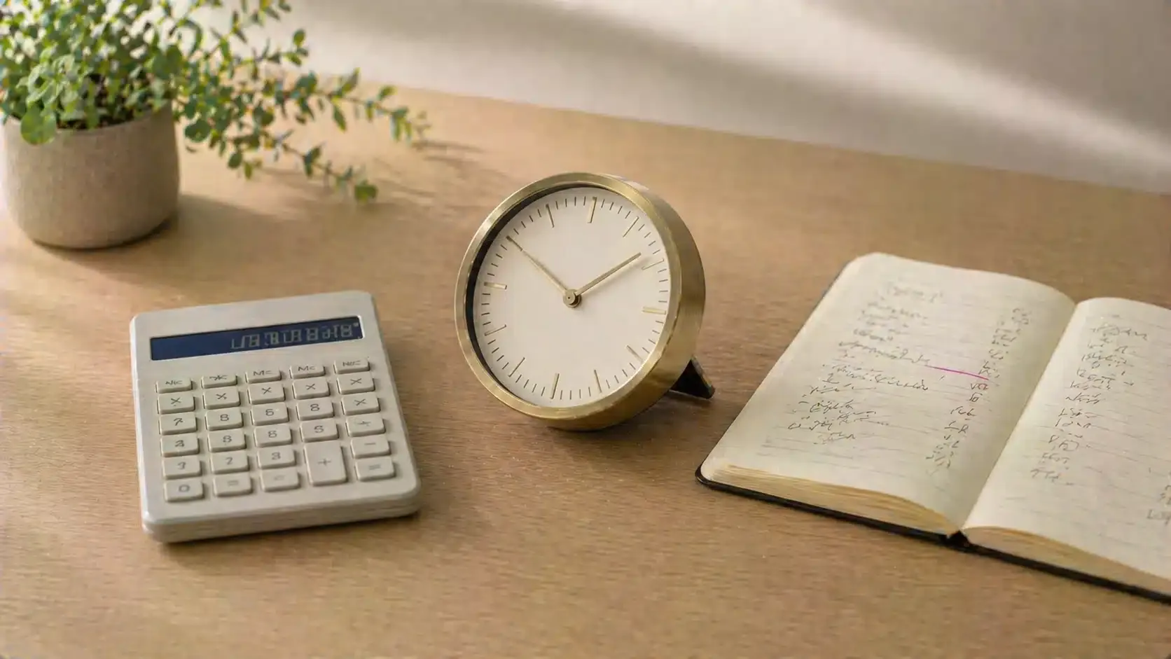 Stundensatz-Rechner für Selbstständige, Uhr und Rechner auf Schreibtisch