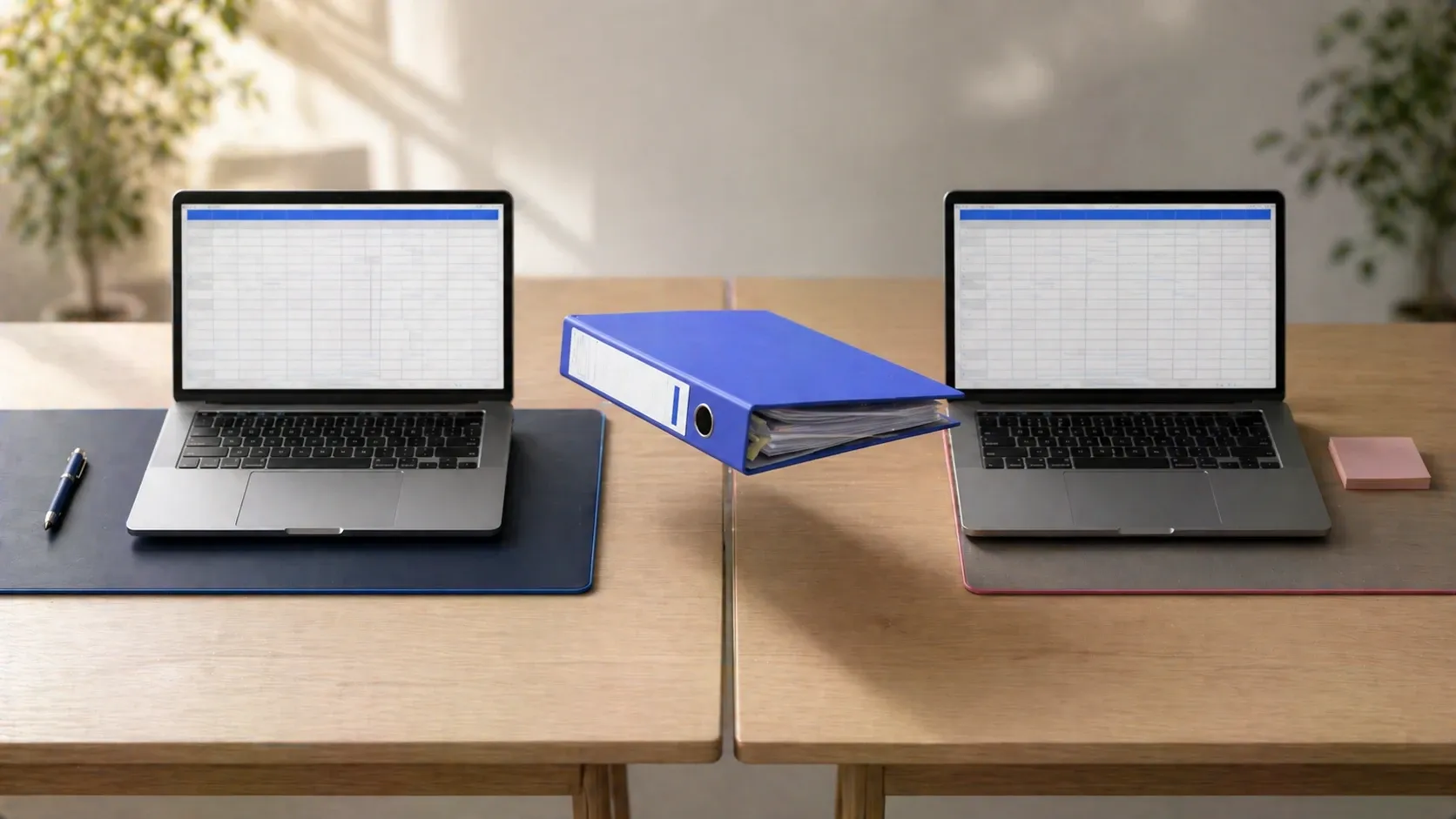 Buchhaltung selber machen oder auslagern, zwei Schreibtisch-Setups als Vergleich.