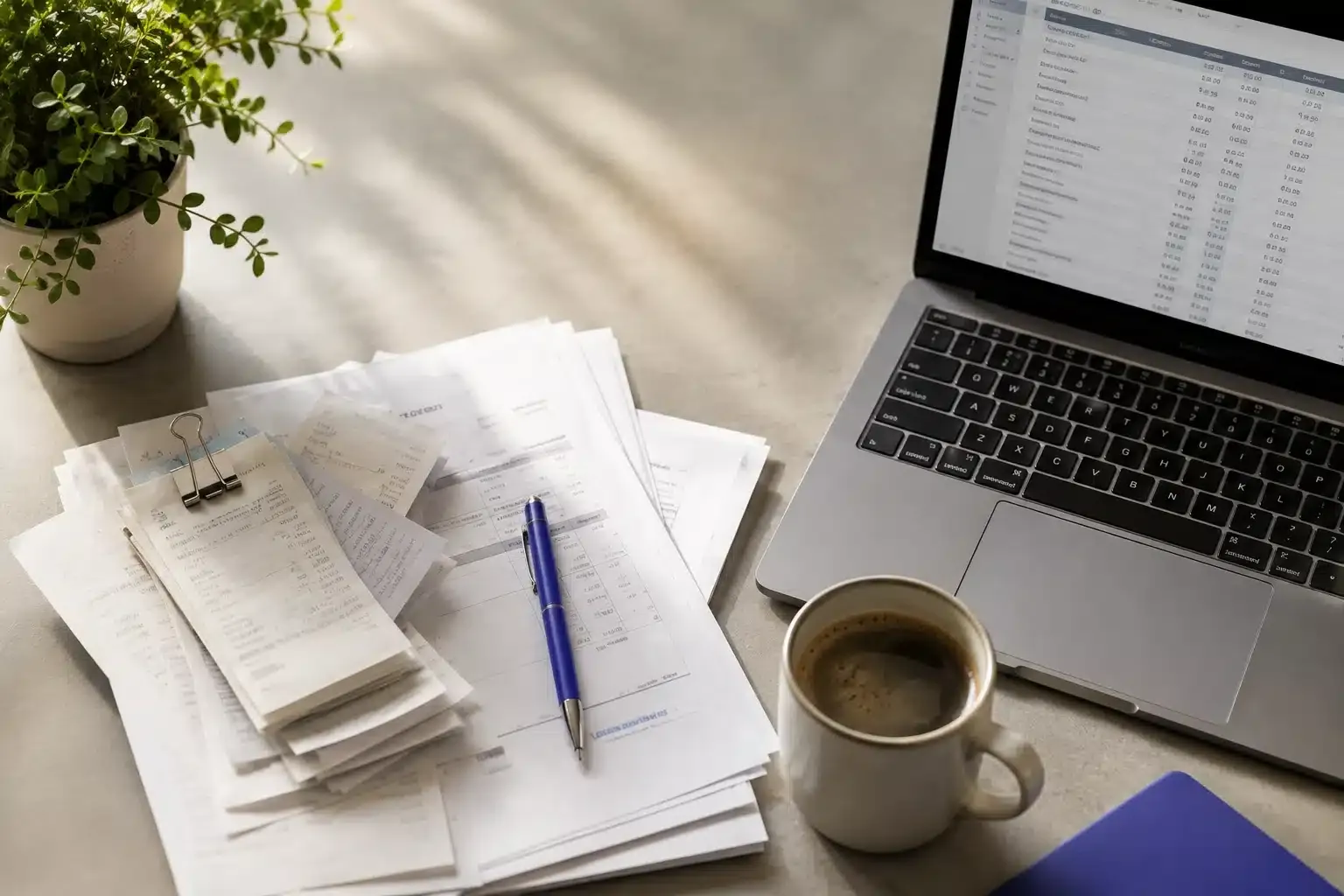 buchhaltung-nachholen-belege-digitalisieren Buchhaltung nachholen: sortierte Belege und Laptop auf einem aufgeräumten Schreibtisch