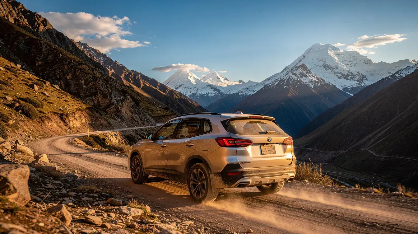 Un SUV plateado avanza por un camino de montaña, rodeado de impresionantes paisajes con volcanes nevados al fondo, simbolizando la belleza natural de Ecuador. Este vehículo representa una opción ideal para quienes desean alquilar un auto y explorar la diversidad de la ruta en este país.