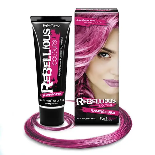 Tube de coloration cheveux rose Flamingo Pink Rebellious avec son emballage et mèche de présentation