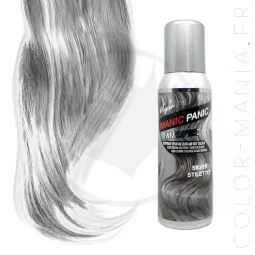 Flacon de spray Manic PAnic Argent et visualisation du rendu sur mèche de cheveux