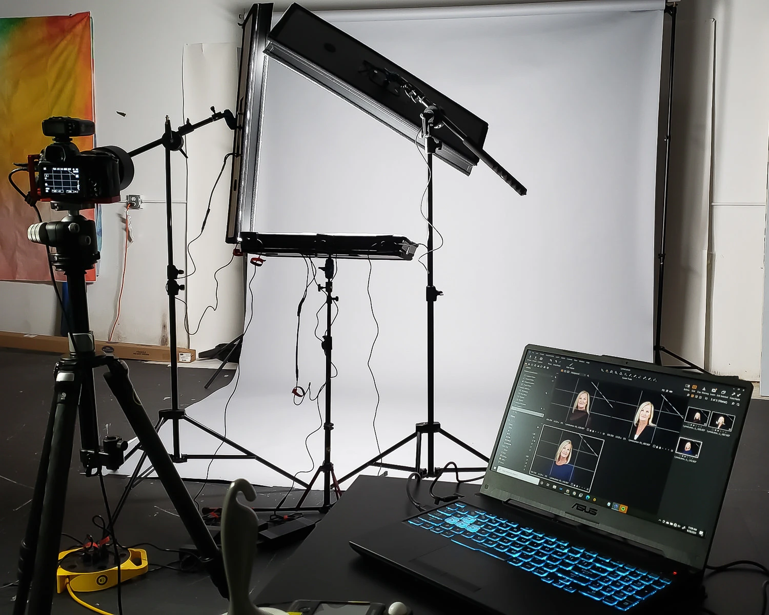 Headshot lighting setup in a studio