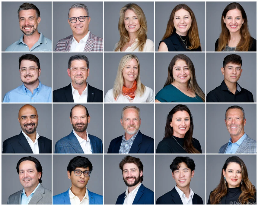 Collage of 20 consistent, modern corporate headshots for a Houston business team, shot against a clean gray studio background.