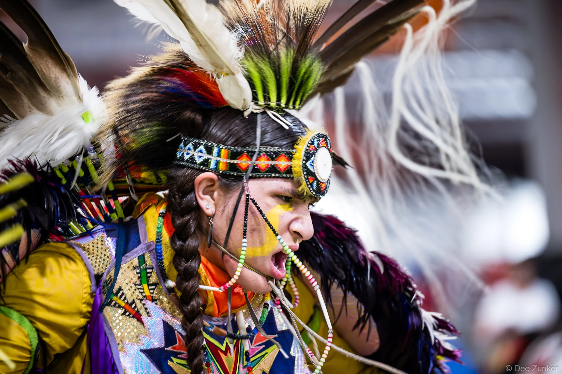Native American powwow dancer in traditional regalia with feathered headdress and face paint at Alabama-Coushatta 56th Annual Powwow Texas