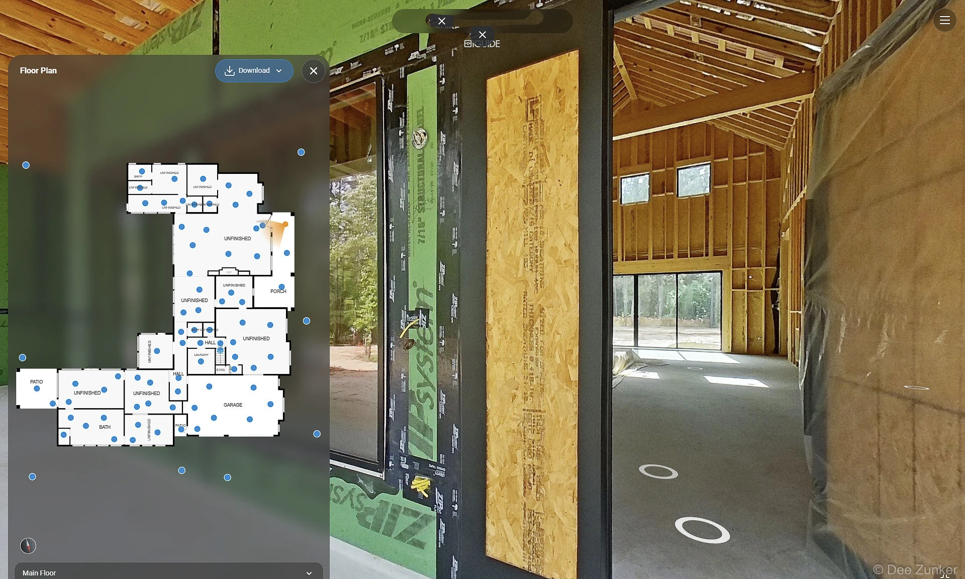iGuide 360 virtual tour screenshot showing floor plan overlay and interior framing of a Houston house under construction.