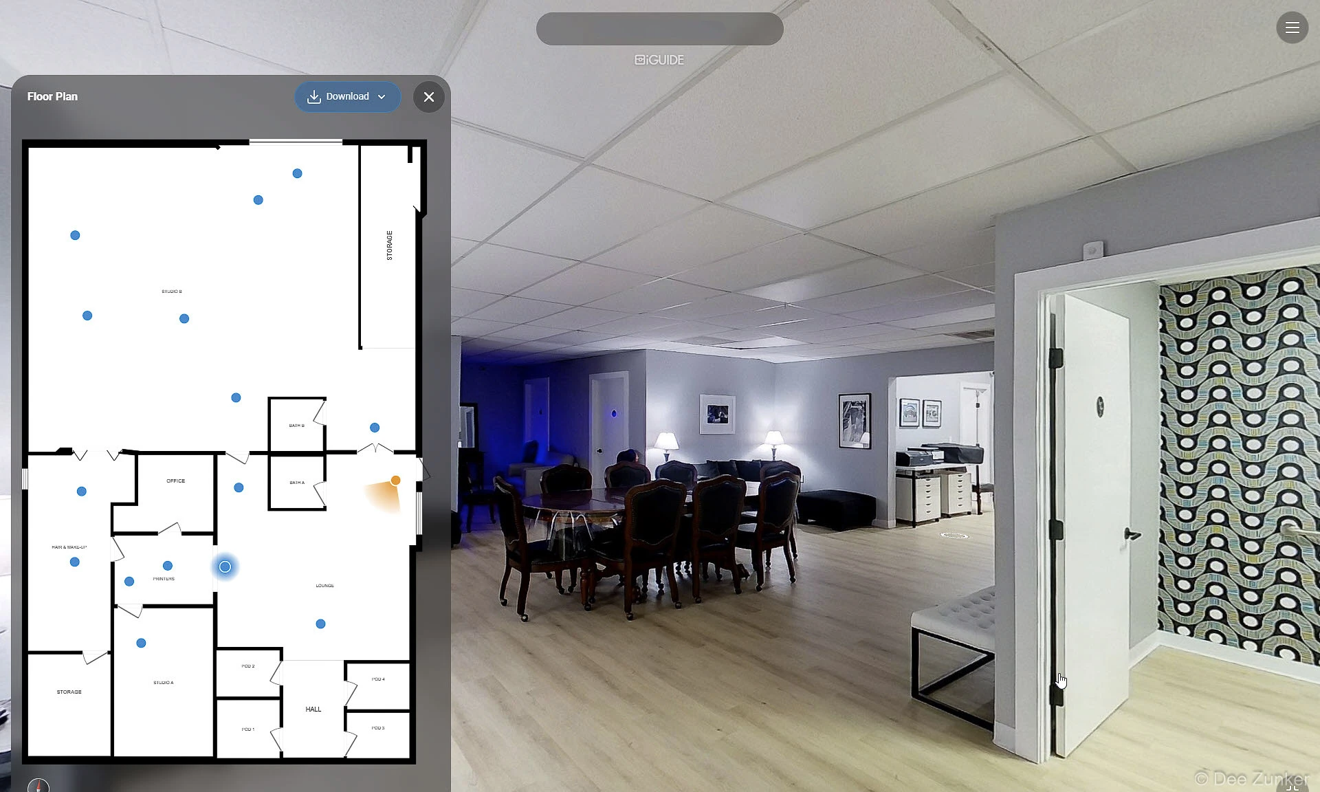 iGuide 360 virtual tour screenshot showing floor plan and interior of a Houston commercial photography studio available for rent.