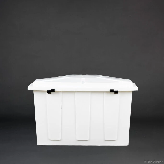 White ribbed plastic industrial boat storage box with black latches and fitted lid, shot on gray background for Houston product photography portfolio.