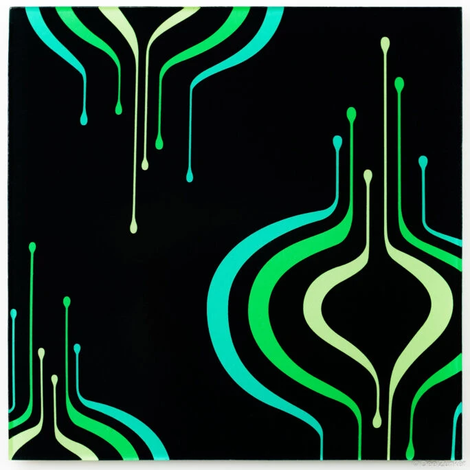 Frosted glass decorative panel with neon green and cyan wave patterns on black background, product photography by Dee Zunker Houston.