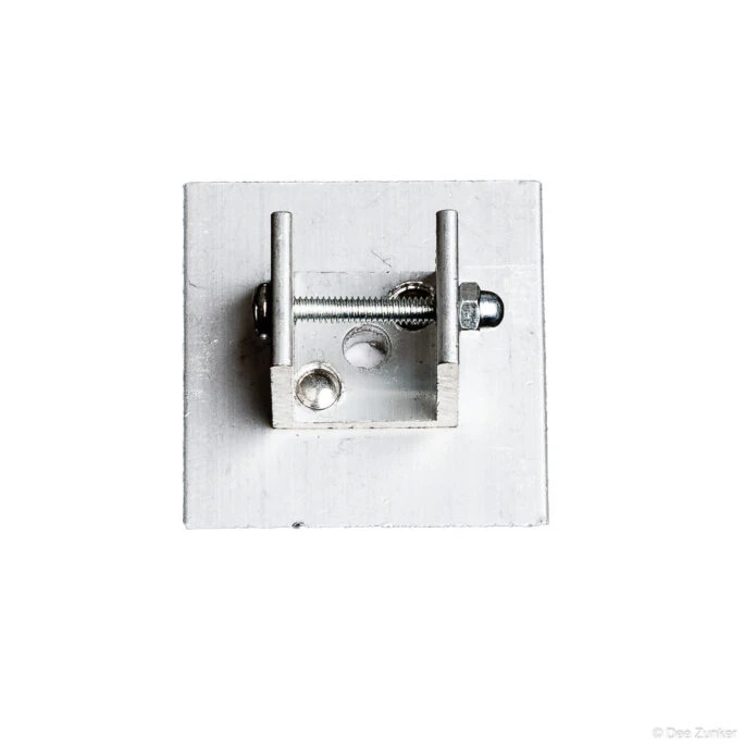 Aluminum mounting bracket with threaded rod and hex nuts photographed on white background for industrial catalog product photography.