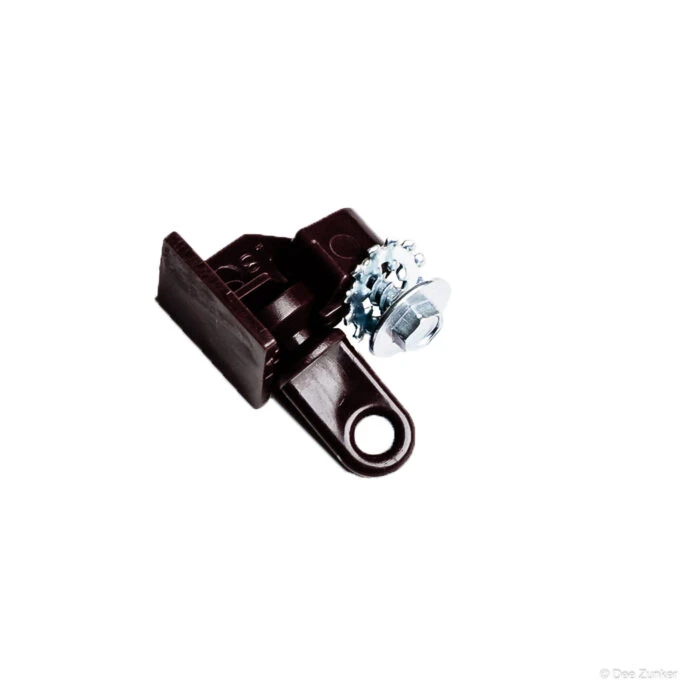 Brown plastic mounting bracket with serrated metal bolt and nut, shot on white background for industrial catalog product photography.