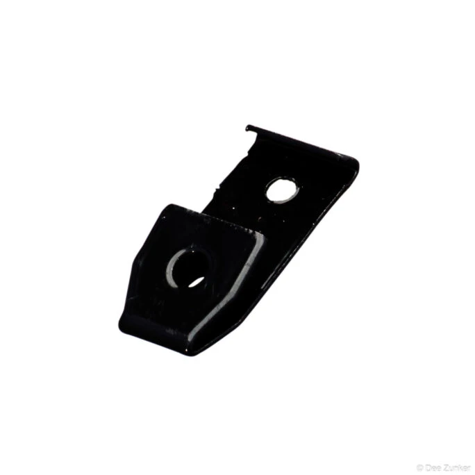 Black powder-coated metal mounting bracket with two holes, shot on white background for industrial catalog product photography.