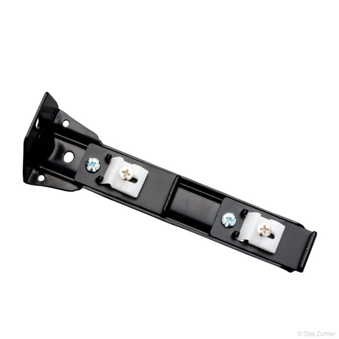 Black metal mounting bracket with white nylon inserts and Phillips screws, shot on white background for industrial catalog product photography.