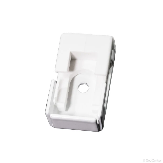 White powder-coated metal mounting bracket with screw hole, shot on white background for industrial catalog product photography.