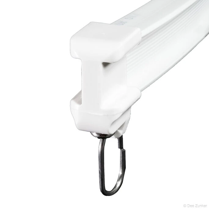 Close-up product photo of a white plastic curtain track glider with a stainless steel hook on white background.