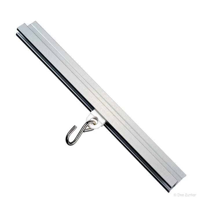 Aluminum extruded track rail with mounted S-hook slider, white background industrial catalog product photography, Houston TX.