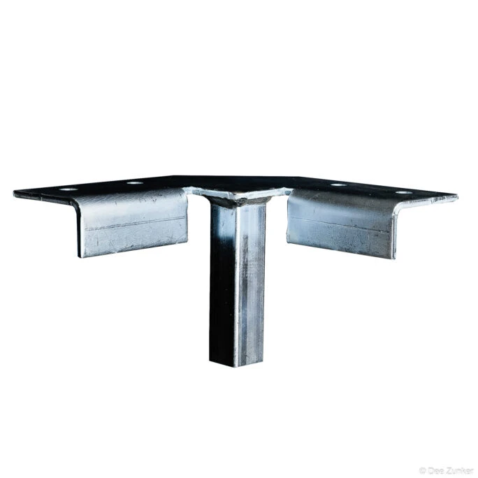 Galvanized steel T-bracket with square post and mounting plate, shot on white background for industrial catalog product photography.