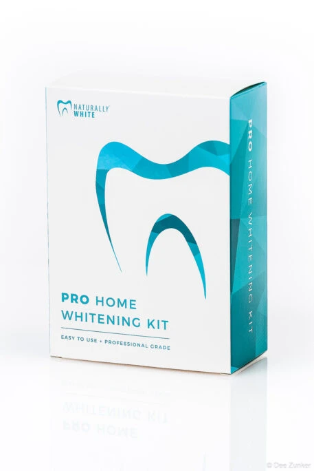 Naturally White Pro Home Whitening Kit box photographed on white background, retail product photography by Dee Zunker Photography Houston TX.