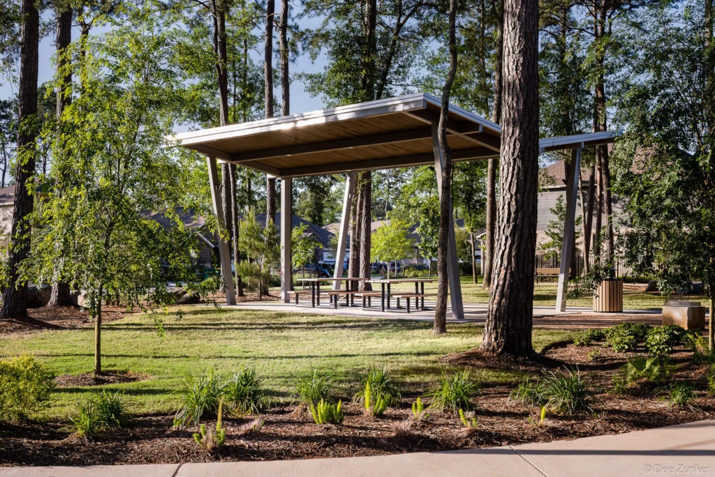 Modern open-air pavilion with picnic tables set among tall pine trees in a landscaped Houston suburban park.