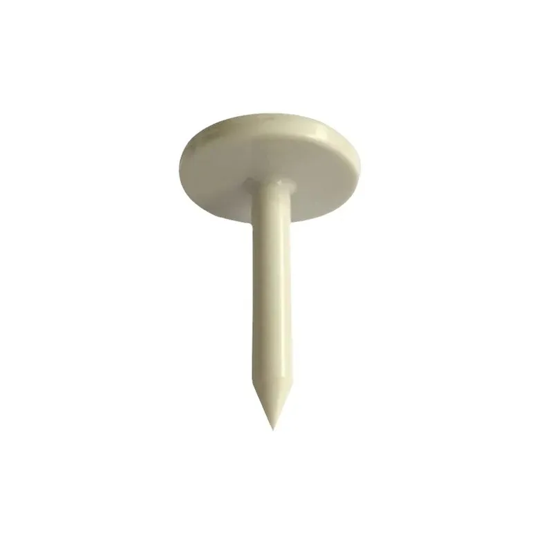 In wite rfid nagelsag foar fergees, makke fan plestik, wurdt elegant werjûn tsjin in lege eftergrûn, Lykas op in push-pin.