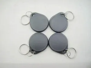 Fjouwer Dual Frequency Key Fobs mei metalen kaai ringen, elk yn griis, wurde organisearre yn in twa-by-twa raster op in wyt oerflak.