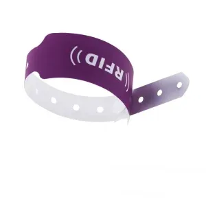 Wristbands RFID Ungu dan Putih dalam Industri Hospitaliti Ciri Tali Laras Perforated dan Simbol RFID, Menawarkan penyelesaian yang ideal untuk meningkatkan pengalaman tetamu.