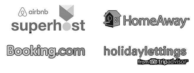 Grayscale Airbnb Superhost, HomeAway, Booking.com, and TripAdvisor logos for GuestLee luxury rentals in Geneva, Verbier & Swiss Alps. | GuestLee luxury rental Switzerland