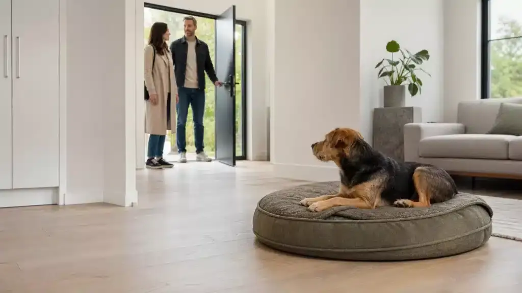 Hond ligt rustig op zijn eigen bed terwijl volwassenen het huis binnenkomen