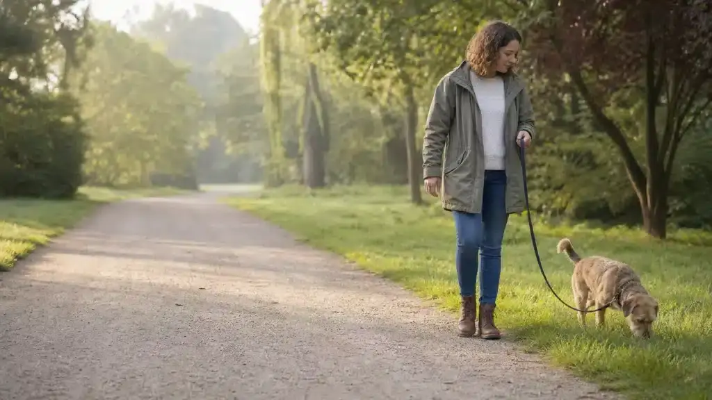Eigenaar wandelt ontspannen met een hond aan een losse lijn in een groen park