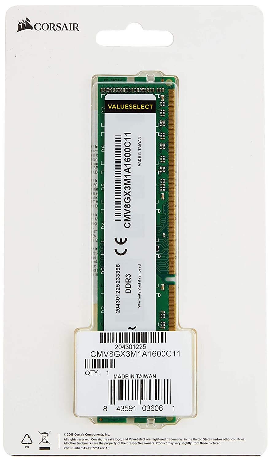Corsair VALUE Series 8GB (8GBX1) DDR3L 1600MHz Desktop Memory CMV8GX3M1C1600C11 Corsair VALUE Series 8GB (8GBX1) DDR3L 1600MHz Desktop Memory CMV8GX3M1C1600C11