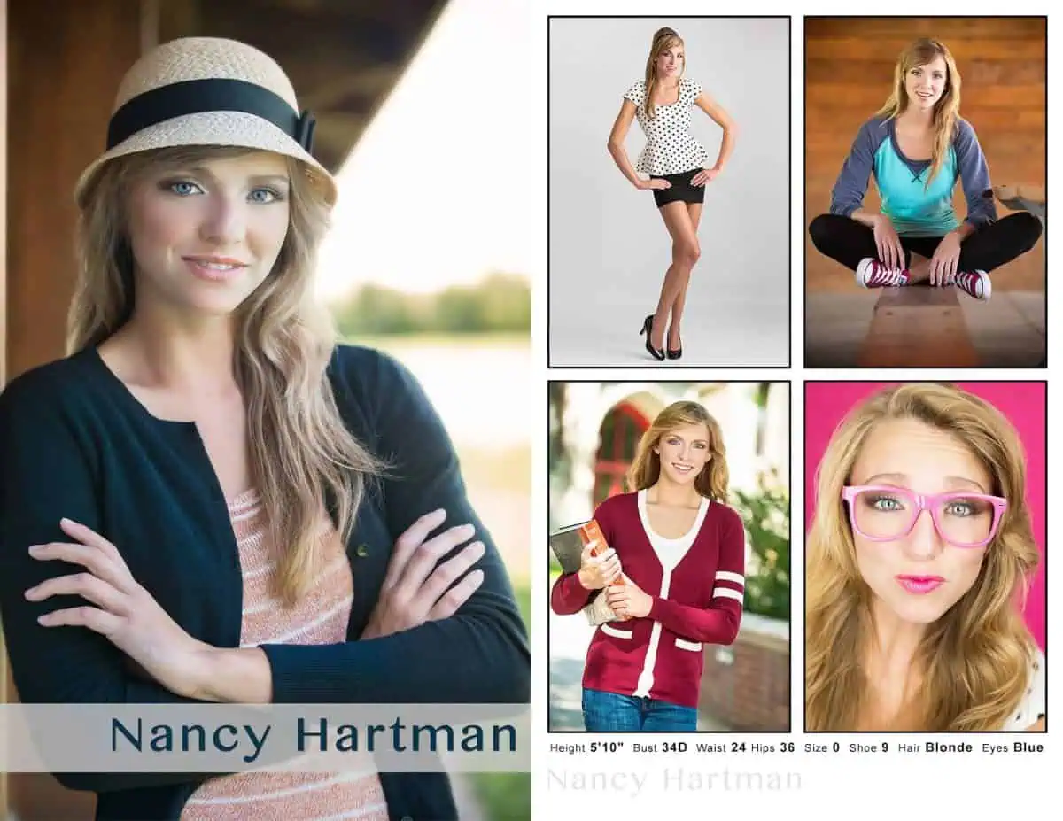 Collage of a woman posing in various outfits, wearing a hat, glasses, and casual clothing; perfect for a comp card. Details include height, measurements, shoe size, and hair and eye color.