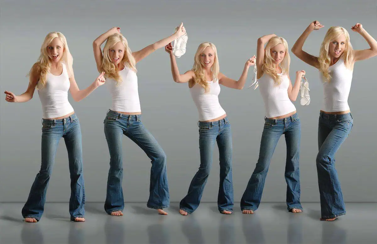 A composite photo a beautiful young woman dancing in jeans and a white t-shirt