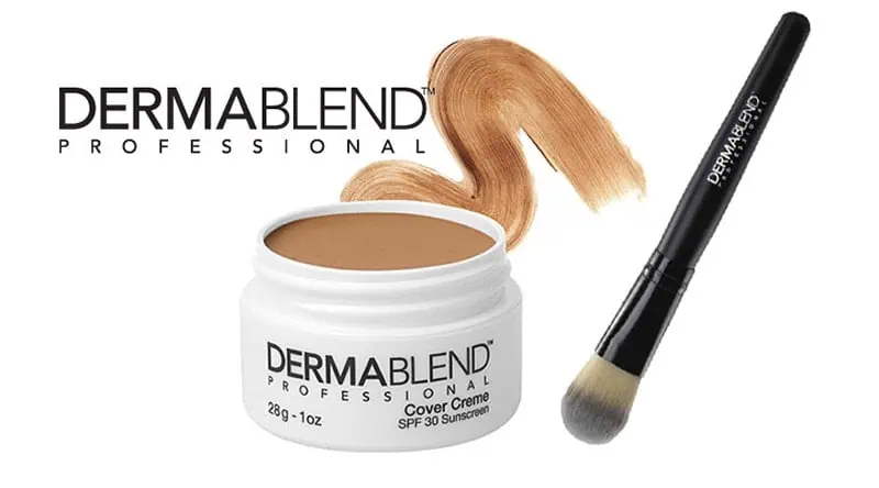 DermaBlend Professional Cover Creme SPF 30, ideal for modeling with tattoos, comes in a sleek white container. It's shown alongside a makeup brush and a smear of the product, highlighting its flawless coverage and protection.