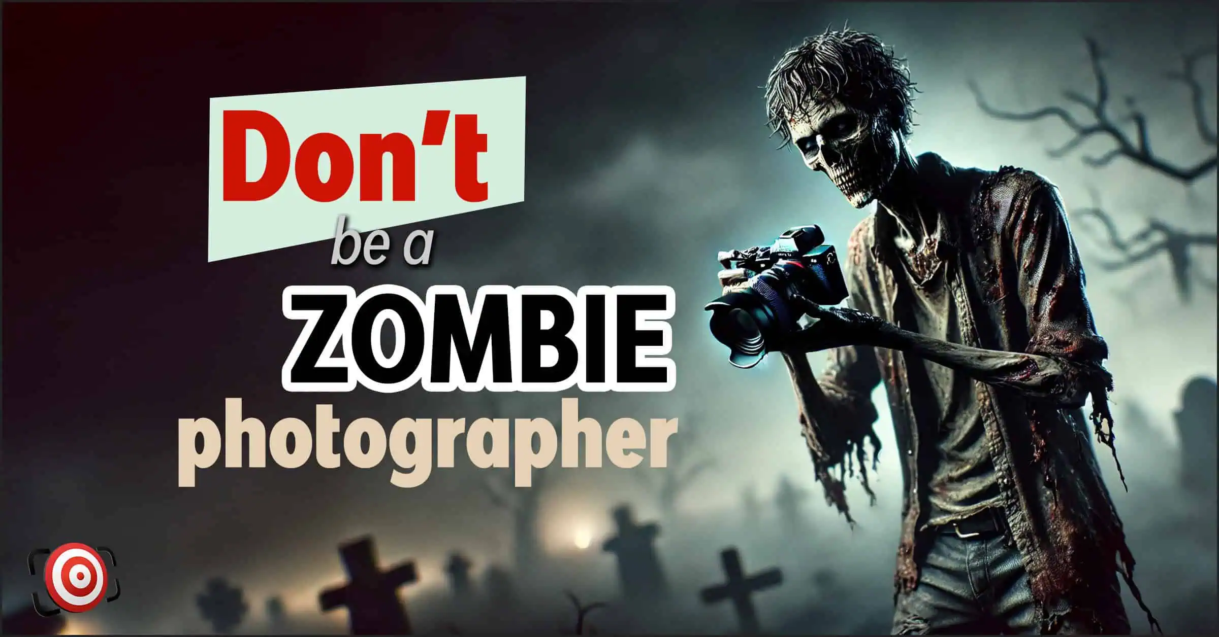 A zombie photographer grips a camera tightly in a graveyard, surrounded by eerie headstones and under a gloomy sky, warning, "Don't be a ZOMBIE photographer.