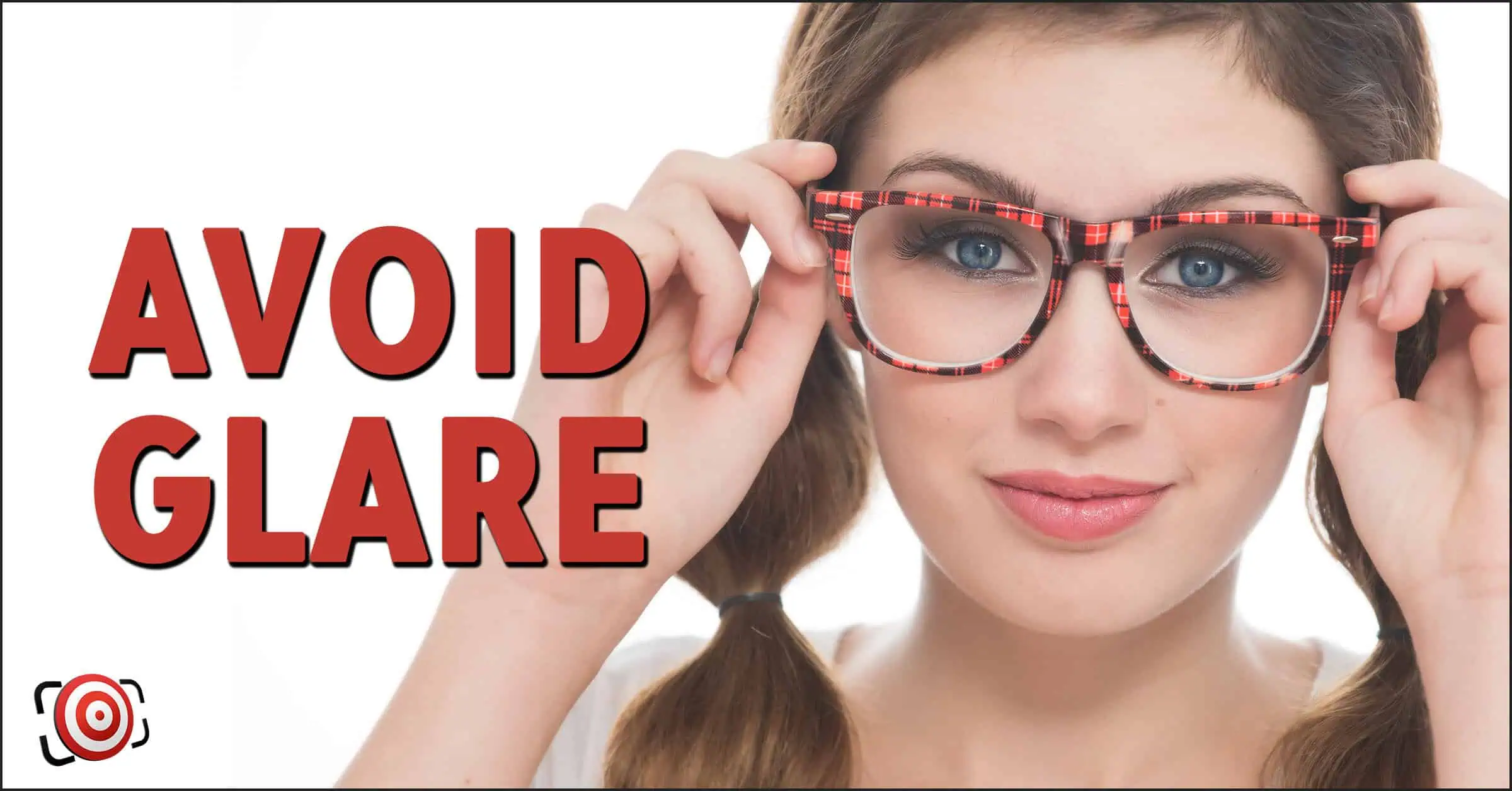 Person wearing plaid glasses looks forward, subtly capturing the art of photographing people with glasses, with the text "Avoid Glare" beside them.