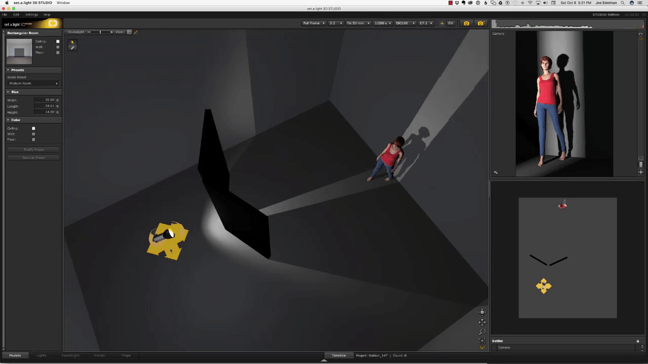 As light moves closer to gobos light on wall behind model expands and vice versa