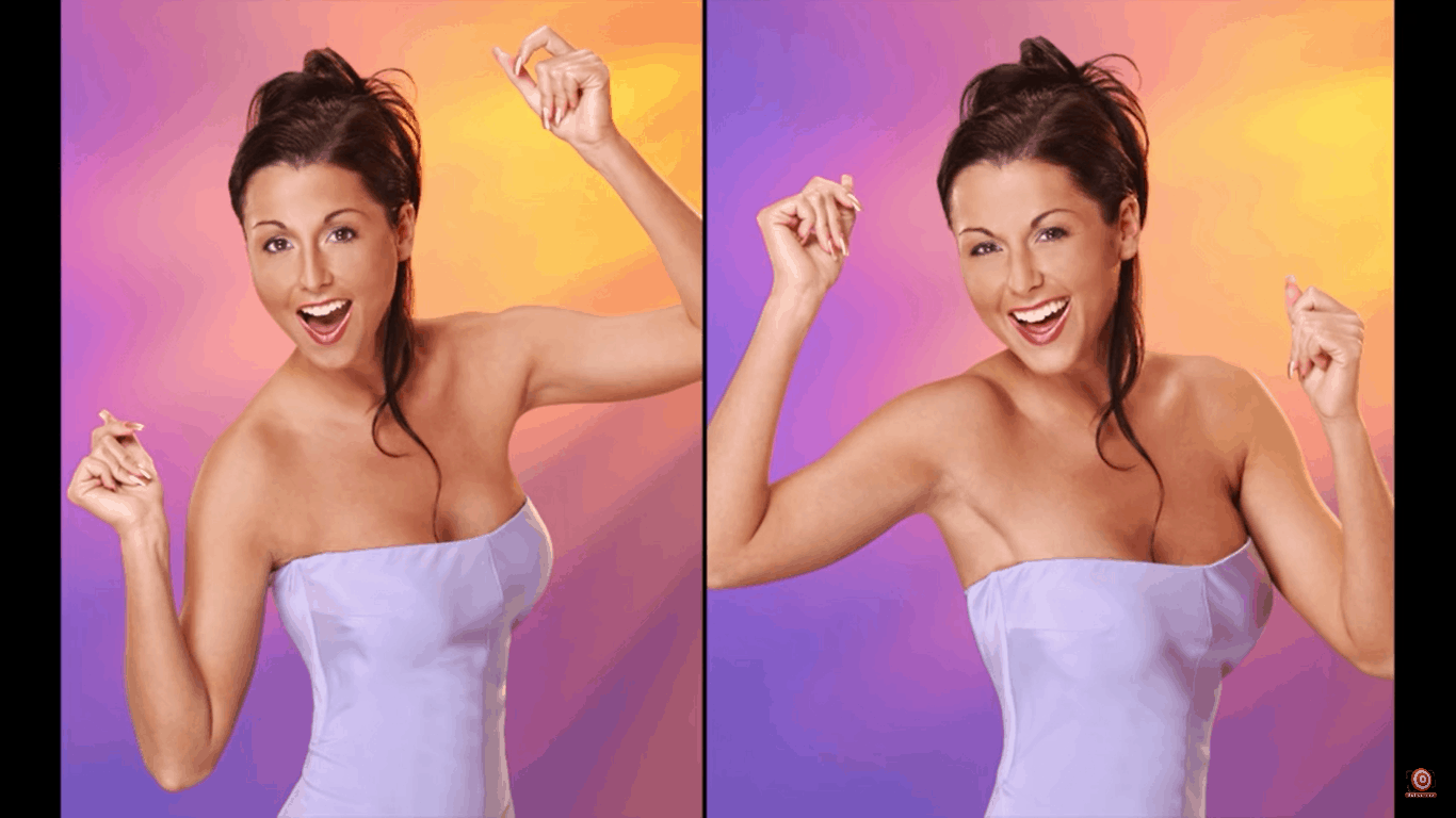 model in front of background lit with multicolored gels and gobos