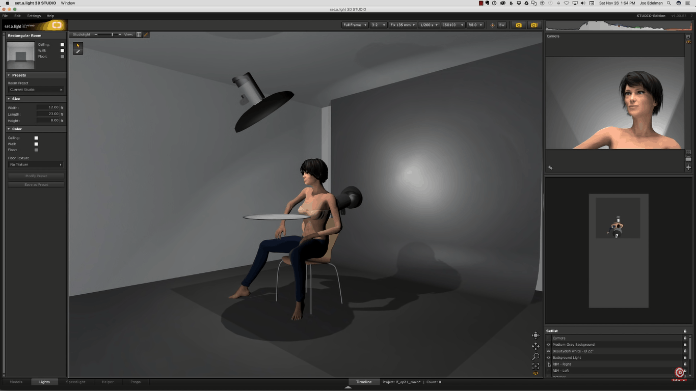digital rendering of portrait lighting setup with extra light behind model aimed at background