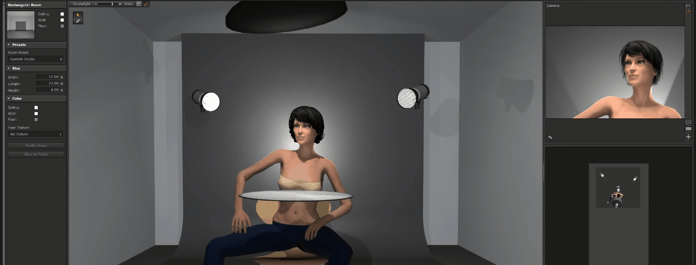 digital rendering of portait lighting setup with two rims placed behind the model on either side
