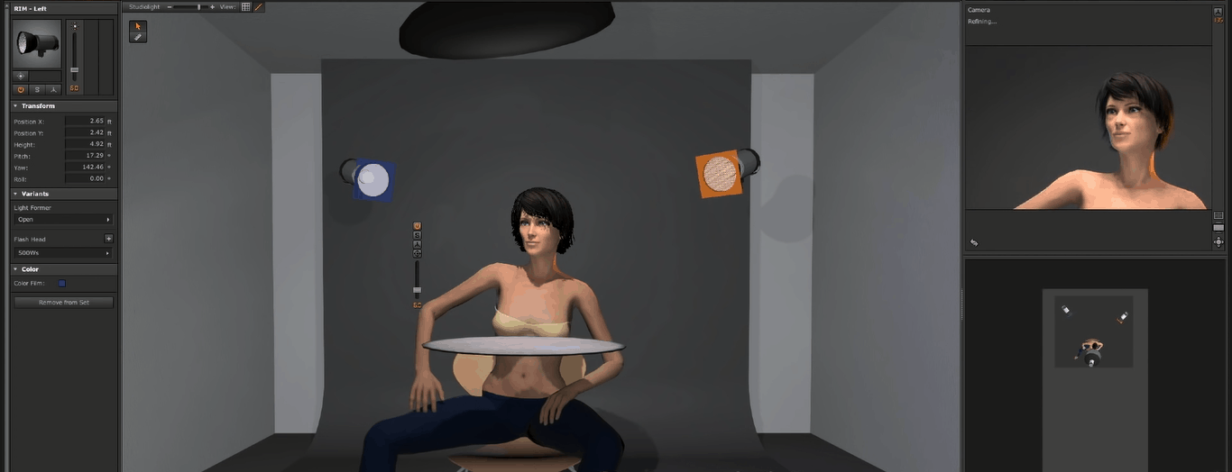 digital rendering of portrait lighting setup with orange and blue gels right and left gels respectively