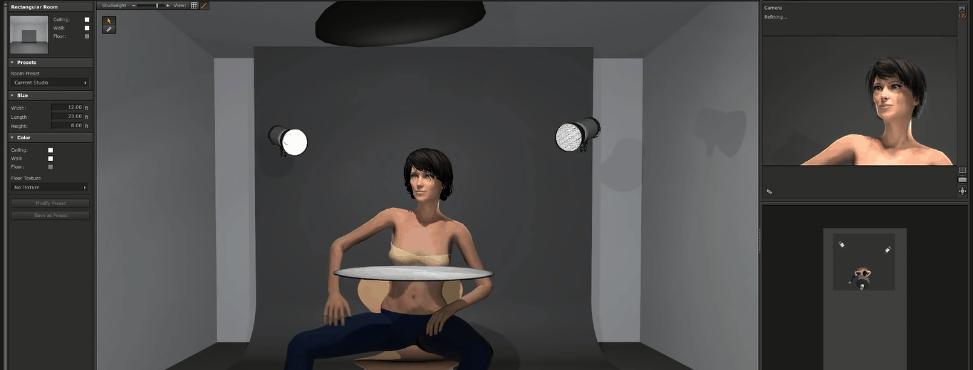 digital rendering of portrait lighting setup with rims but no background light