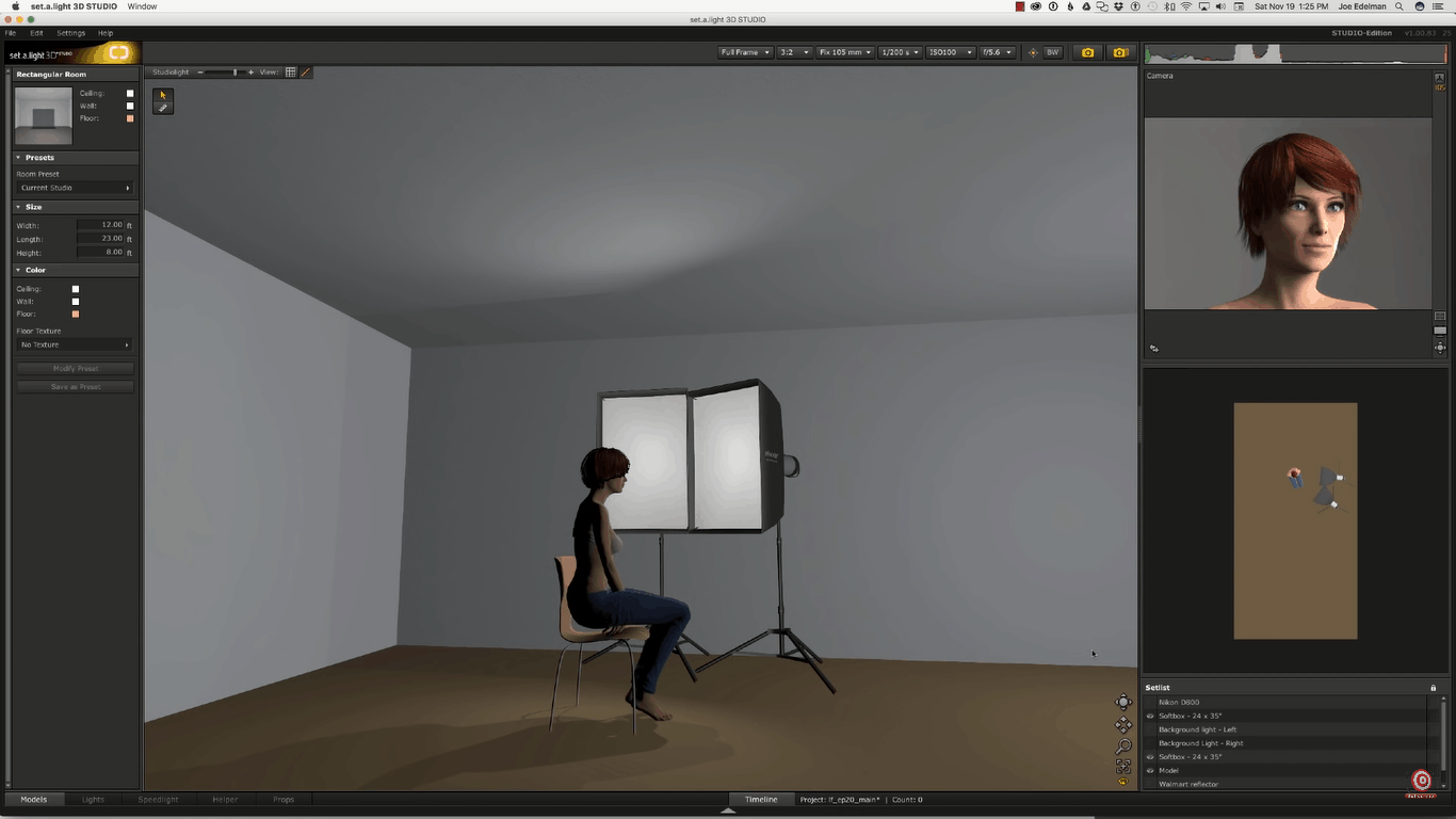 Digital rendering of two softboxes on camera right lighting arangement